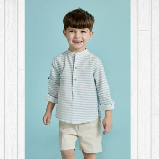 conjunto niño bermuda beige camisa rayas celeste capri martin aranda verano 2025