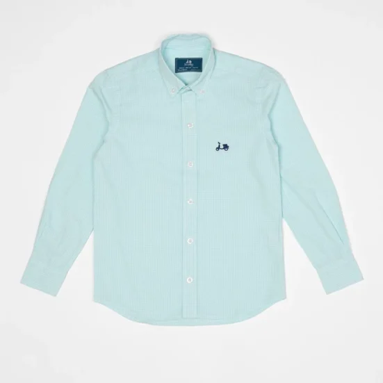 camisa niño vichy turquesa logo moto scotta verano 2025 moda infantil casual
