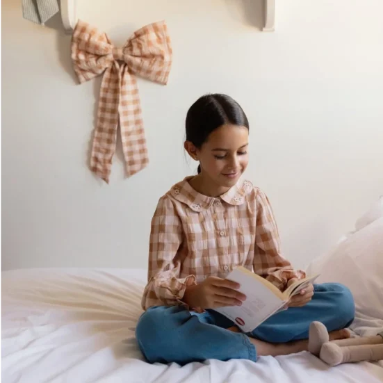 camisa petalos bordada vichy cinamon,mi canesu invierno 2025, moda infantil española