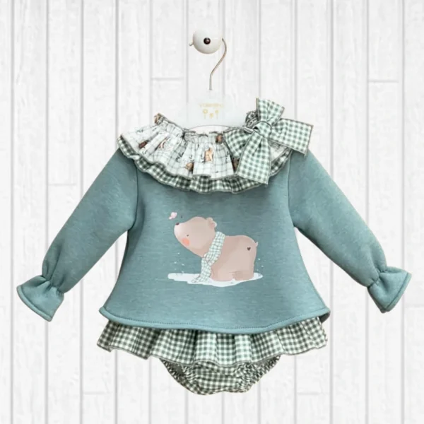 conjunto sudadera niña oso verde con braga vollantes donatella, valentina bebes invierno 2025