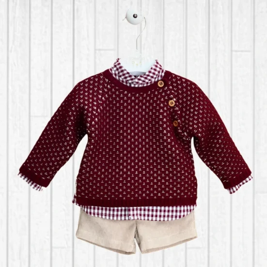 conjunto niño bermuda beige, camisa vichy granate borgoña, jersey borgoña granate, valentina bebes invierno 2025/26, ropa niño española