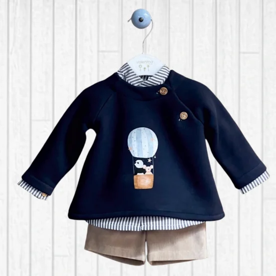 conjunto moon niño sudadera globo, camisa y pantalon corto camel, valentina bebes invierno 2025