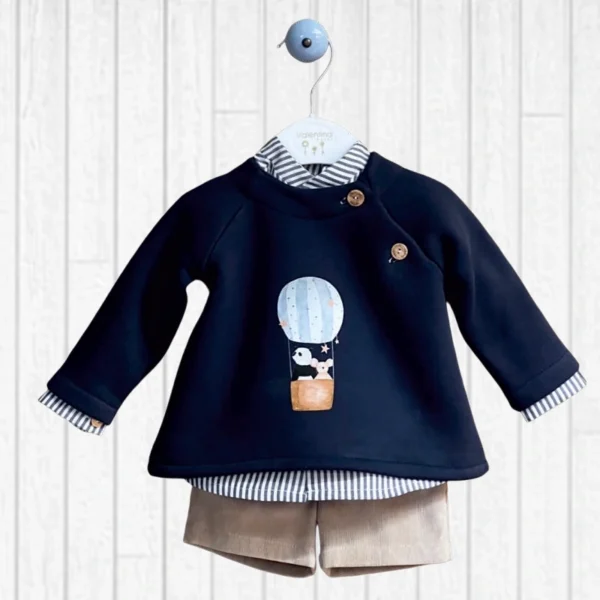 conjunto moon niño sudadera globo, camisa y pantalon corto camel, valentina bebes invierno 2025