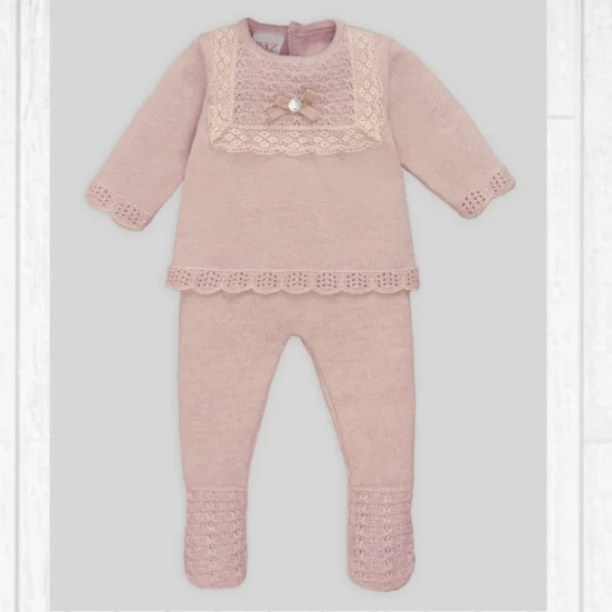 conunto de polaina jubon bolillo rosa empolvado, paaz rodriguez, invierno 2025, moda infantil españoa, tienda moda infantil valencia