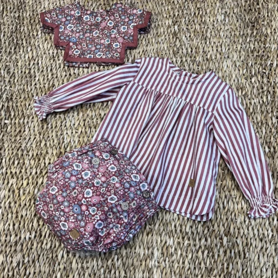 conjunto camisa rayas burdeos cubrepañal liberty, jose varon invierno 2025, moda infantil española