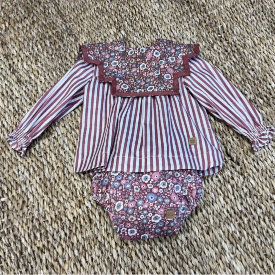 conjunto camisa rayas burdeos cubrepañal liberty, jose varon invierno 2025, moda infantil española