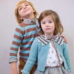 CONJUNTO BRAGA VICHY BLUSA BAMBIS BICHITOS, jersey rayas turquesa y mokka