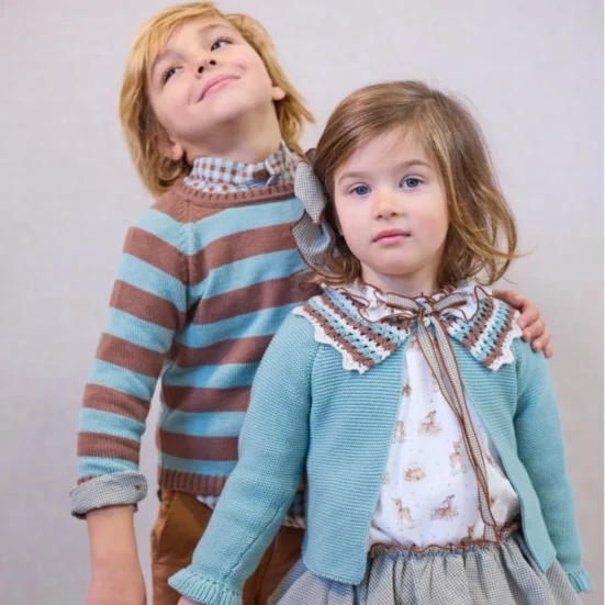 CONJUNTO BRAGA VICHY BLUSA BAMBIS BICHITOS, jersey rayas turquesa y mokka