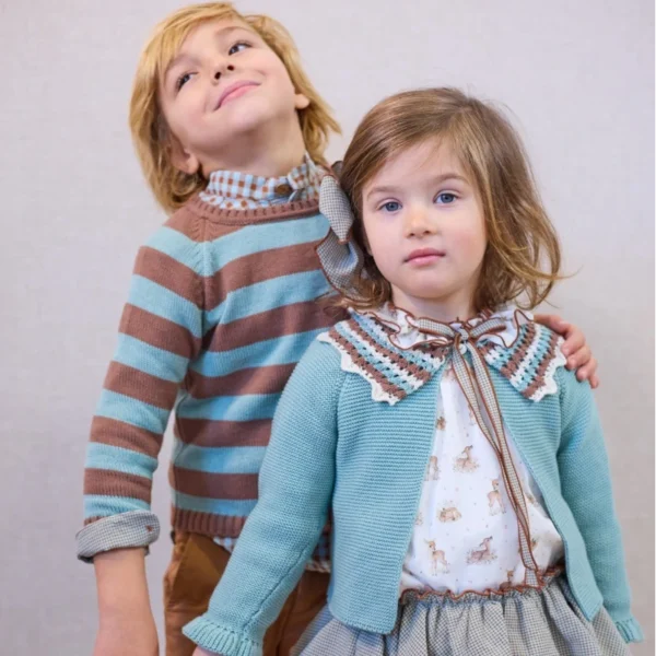 CONJUNTO BRAGA VICHY BLUSA BAMBIS BICHITOS, jersey rayas turquesa y mokka