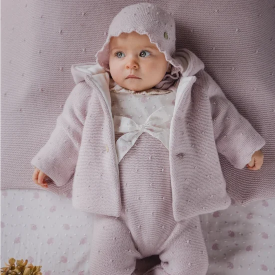abrigo malva erizo pelele , paz rodriguez, invierno 2025, moda infantil española