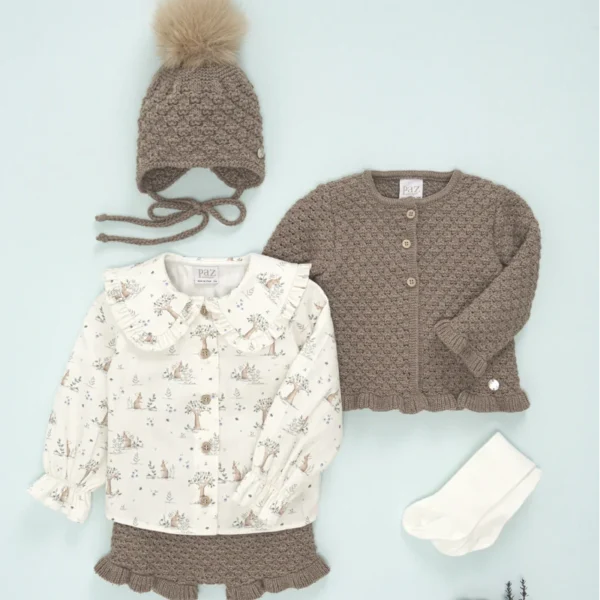 conjunto niña tres piezas culotte, rebeca y camisa colección pompon, paz rodriguez invierno 2025, moda infantil española